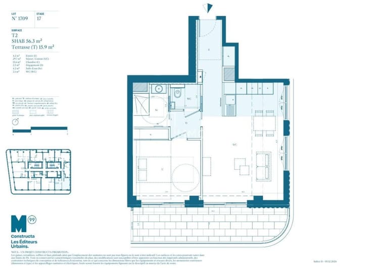 2 PIECES 17EME ETAGE AVEC LOGGIA - 56.3m2