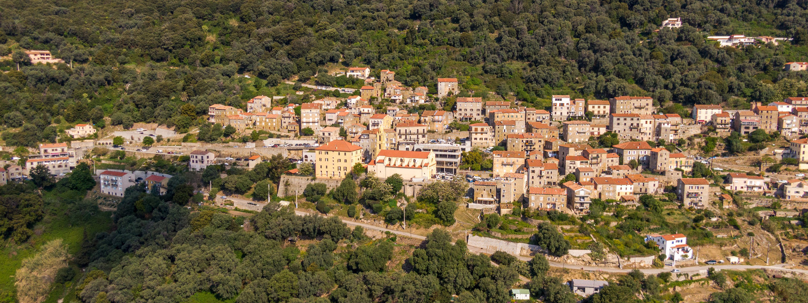 Village perch&eacute; d'Olmeto &eacute;tag&eacute; &agrave; flanc de colline dans le maquis, Golfe du Valinco